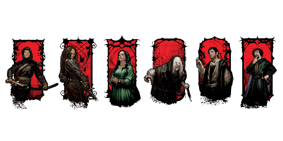Key art for the six clan subclasses in Vampire: The Masquerade - Bound by Blood