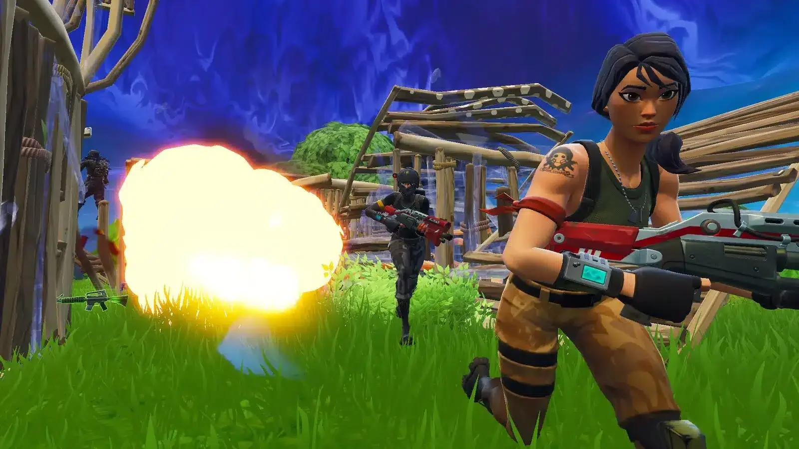 A female character holding a futuristic weapon during a battle in Fortnite.